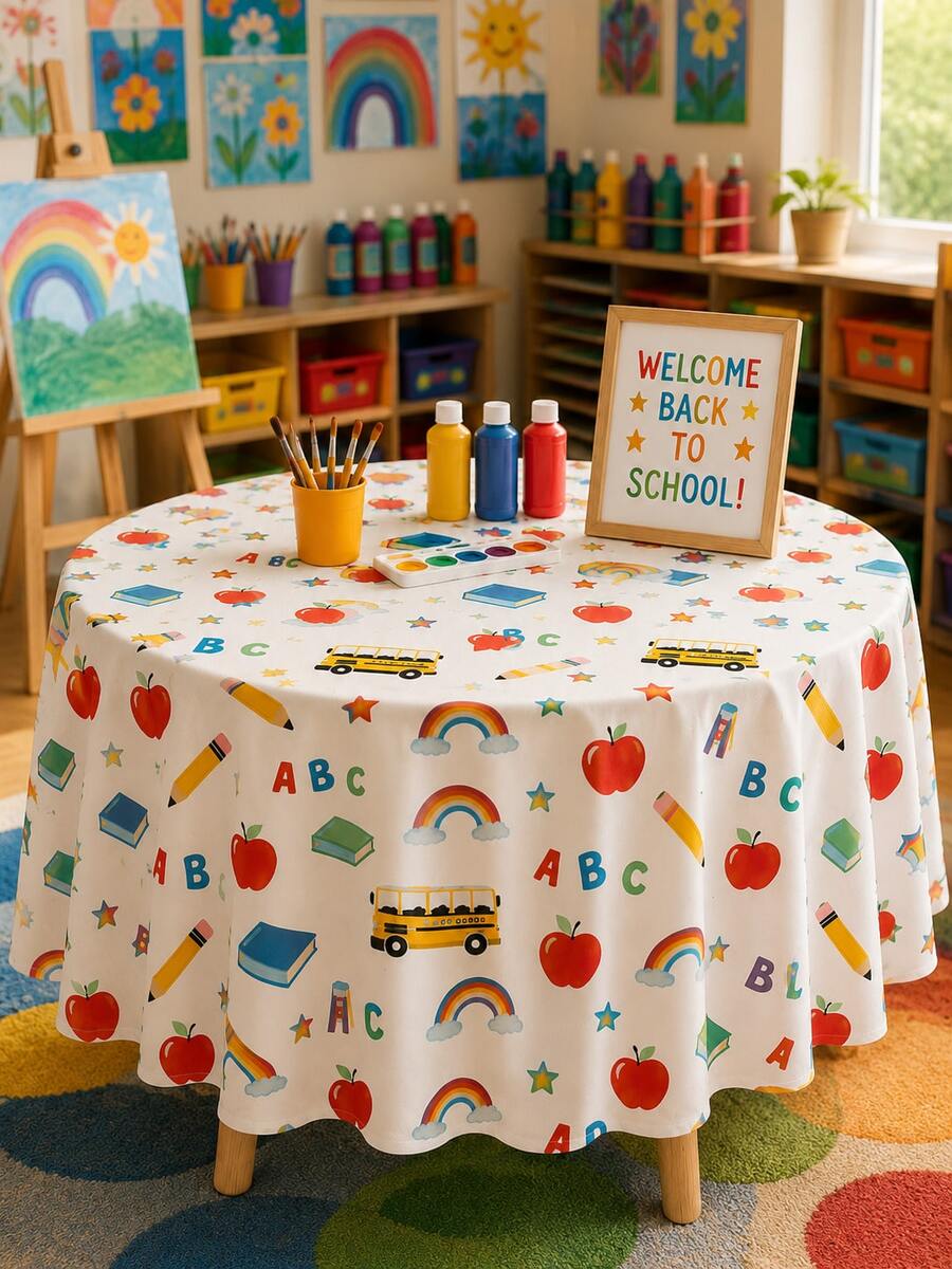 1pc-Back To School Decor Tablecloth, Cute ABC Apple Pencil School Bus Rainbow Pattern Reusable Table Cover, Washable Classroom Party Table Cloth For Kindergarten Back To School Celebration Home Dining Decor - Multicolor - View 1