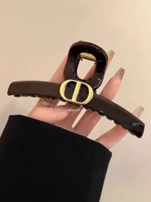 1件法式復古極簡大號髮夾，優雅亮面濃咖啡棕金屬幾何裝飾髮夾，女款日常髮飾 - 巧克力棕 - 查看 2