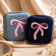 1pc 10cm Coquette Midnight Navy Embroidered Velvet Bow Jewelry Gift Case Storage Box Organizer For Earrings Rings Necklace Bracelets Delicate Keepsake Romantic Holiday - Navy Blue - View 2