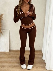 FQLWL Women's Casual Street Style Tracksuit, Printed Zip-Up Hoodie And Pants Set, Long Sleeve 2-Piece Outfit Spring Elegant - Brown - View 1