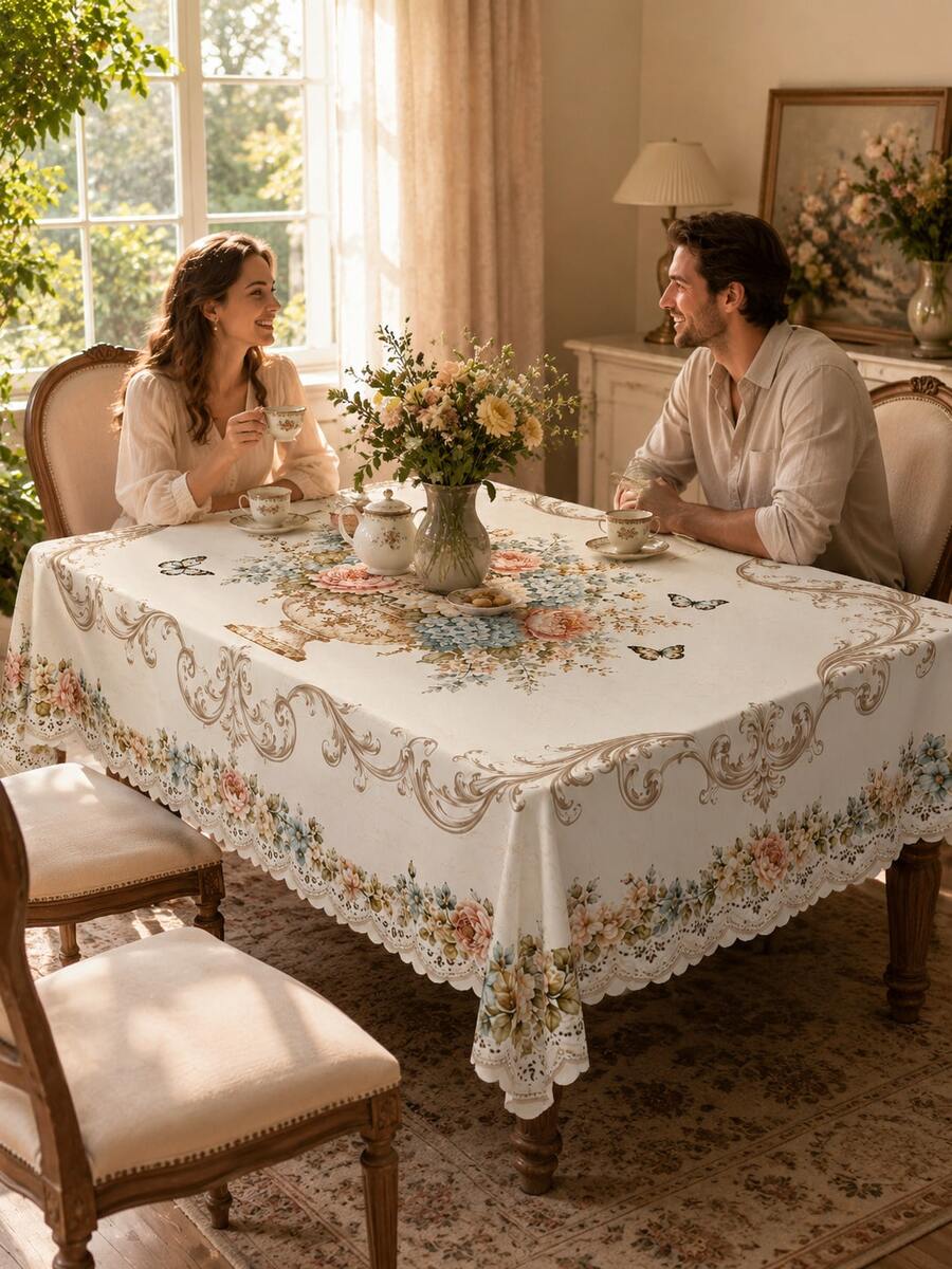 French Country Style Floral Tablecloth, Polyester Material Dining Table Cover, Printed With Pale Rose Bouquet, Blue Flowers, Butterflies And Elegant Scroll Border Pattern, Suitable For Wedding, Kitchen, Banquet And Home Decor Elegant Tea Break Decoration - Multicolor - View 1