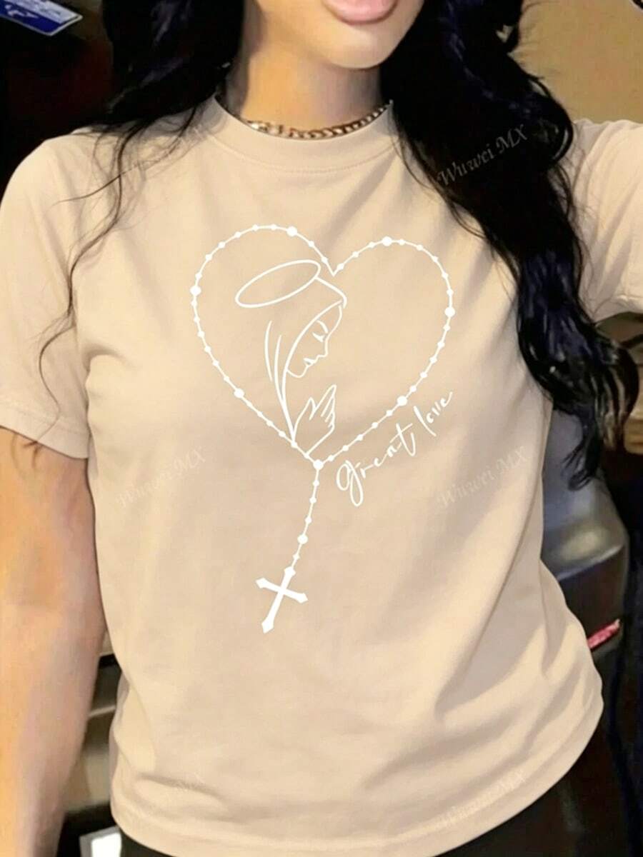 Women's Casual Cotton Round Neck T-Shirt With Unique Marian Rosary Heart Print, Short Sleeve Regular Fit Top - 杏色 - 查看 1