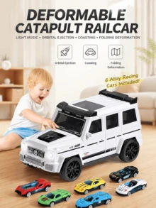 Children's Transformable Launch Track Car Toy Set With 6 Mini Race Cars (Random Style And Color), Launcher Vehicle Interactive Transformable SUV Toy Gift Suitable For 3-12 Year Old Boys And Girls Game Birthday Holiday Children's Day Gift - 彩色 - 查看 3