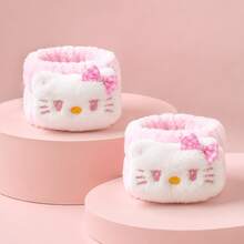 2pcs MINISO Sanrio Hello Kitty Pink White Bow Plush Wristbands Back To School Essentials Soft Absorbent Face Washing Wrist Towels For Skincare Makeup Removal Routine - Multicolor - View 5