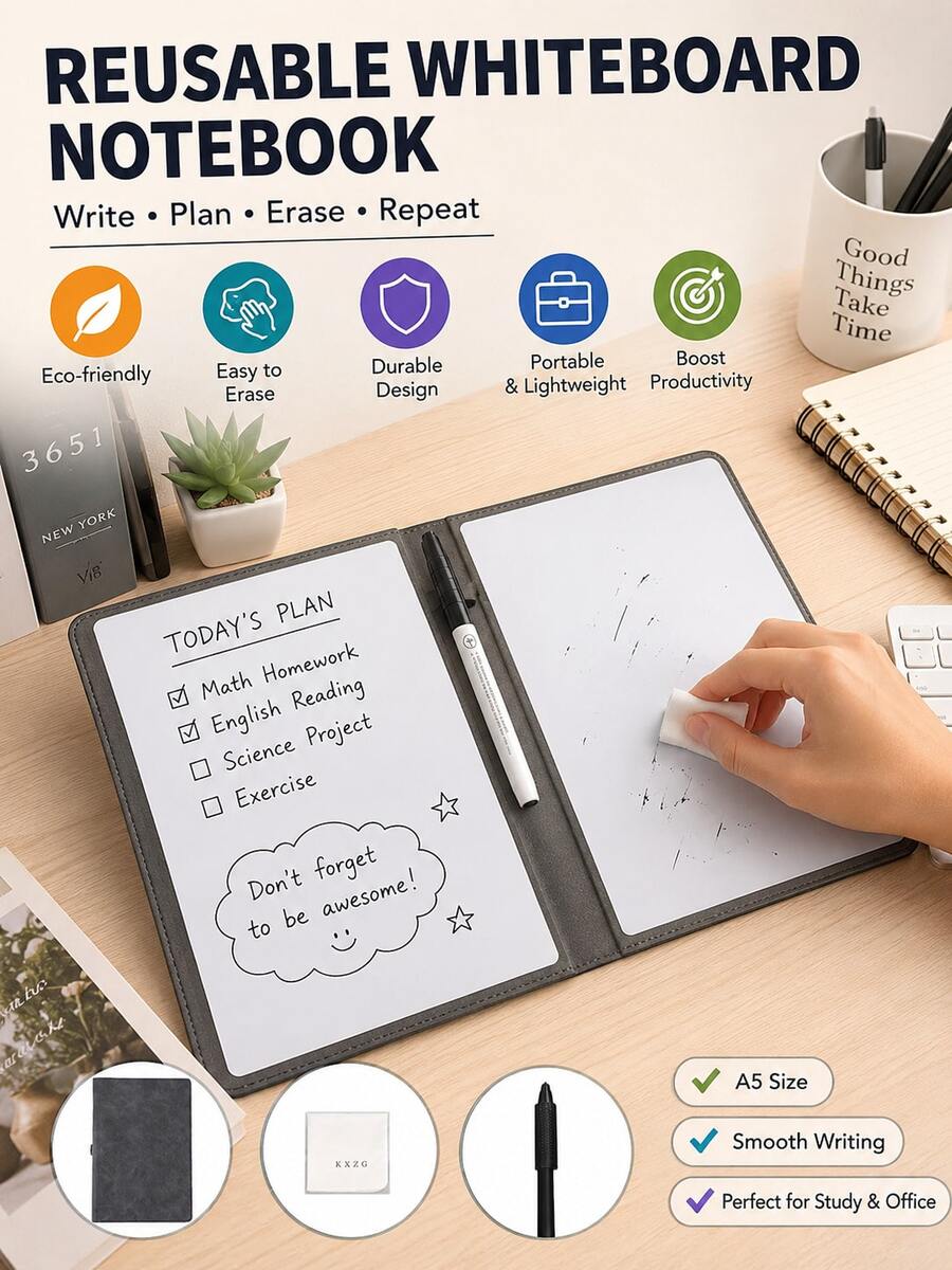 Faux Leather Reusable Erasable Notebook Set With Dry Erase Pen & Wipe, Portable Rewritable Whiteboard Journal For Drawing Study Draft Stationery - Multicolor - View 1