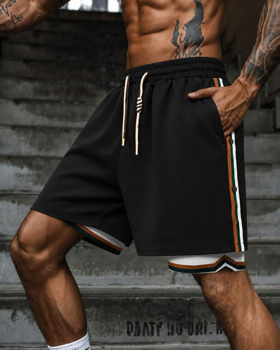 Vintage Colorful Striped Casual Shorts, Multi-Layer Ribbed Hem Side Button Loose Daily Shorts - Black - View 1