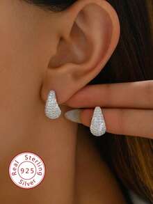 1 Pair 925 Sterling Silver Full Rhinestone Teardrop Stud Earrings, Exquisite Women's Jewelry, Suitable As Ball/Party Gift, Birthday/Date Gift, Daily Wear, Or Perfect Holiday Gift - Full Diamond Water Drop Earrings - View 1