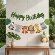 Dschungel Safari Tier Happy Birthday Filz Banner, Tropisches Blatt Zebra Elefant Tiger Löwe Giraffe Nilpferd Hängende Zugflagge, Wildtier Thema Geburtstag Babyparty Wandhintergrund Partydekoration Zubehör, Süßes Geschenk, Wild One Geburtstag Hängedekoration, 2D flach - A - Übersicht 7