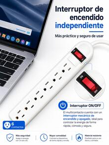 Regleta multicontactos electricos con 6 salidas con interruptor,Multicontacto Extension,Compacto Fácil de usar,protección contra sobrecarga,montaje en pared para el hogar y la oficina. - Blanco - Ver 3