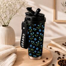 mikenda 1pc 18oz Cute Blue Floral Pattern Stainless Steel Insulated Tumbler With Lid And Handle, Double Wall Vacuum Insulated Coffee Cup, Leak-Proof Travel Mug, Portable Water Bottle, Suitable For Women Girls, School Office Gym Gift, Back To School - Black - View 8