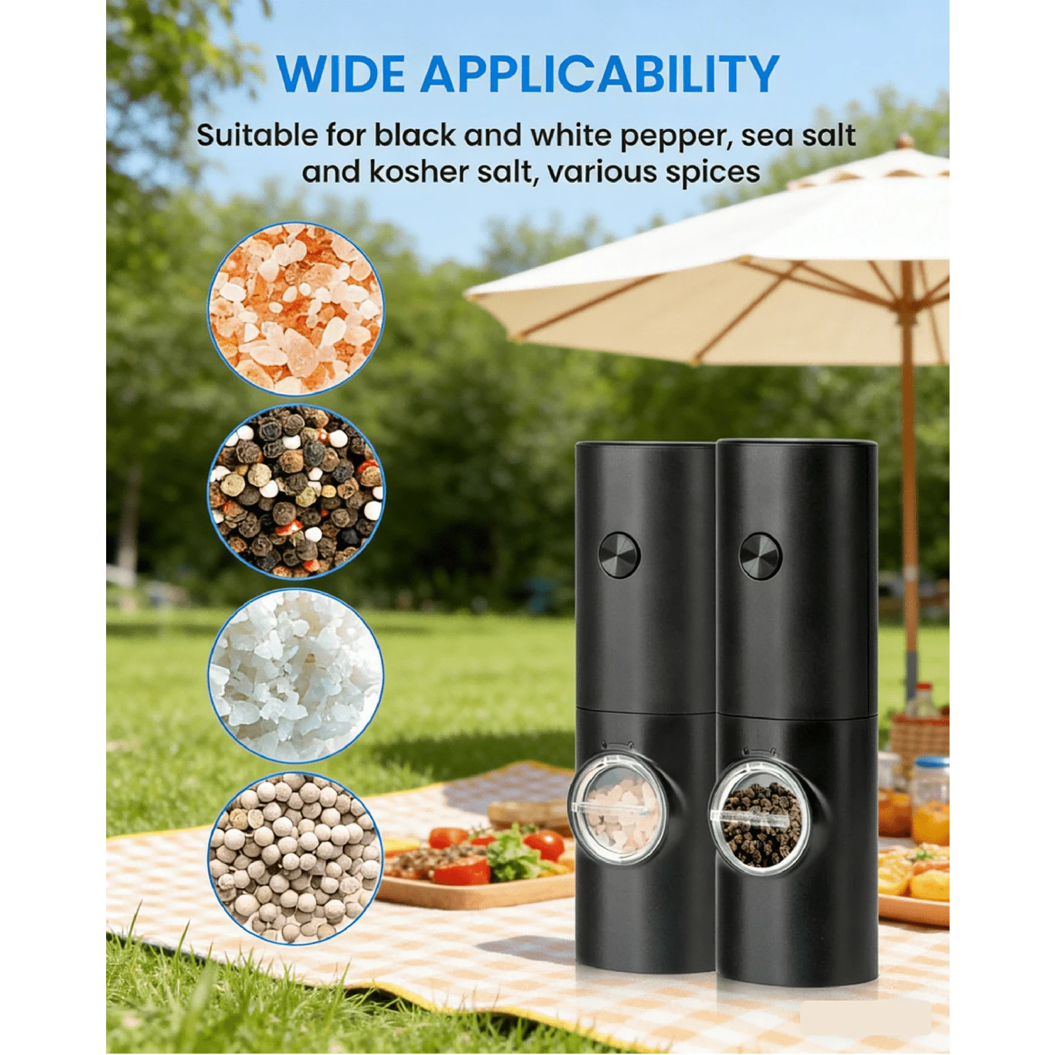 2pcs Electric Grinder Set (Includes Base + Brush), Separate Grinding For Pepper And Sea Salt, Battery Operated One-Touch Operation Portable, Ceramic Grinding Core More Durable, Suitable For Picnic, Kitchen, RV, Travel, Best Companion For Steak - 黑色 - 查看 1