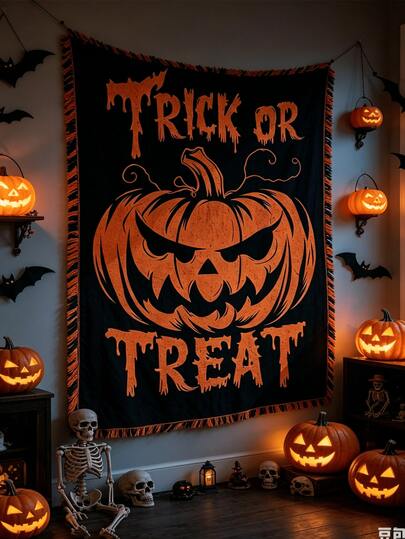 1pc Halloween Trick Or Treat Jack-O'-Lantern Chenille Throw Blanket With Orange Tassel Fringe, Multipurpose Tassel Wall Hanging Tapestry, Holiday Decor Couch Cover, Photo Booth Background Rug, All-Season Reversible Sofa Cover & Bed Blanket