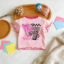 Little Girl Summer T-Shirt, Toddler Pink Print Top With Ruffle, 6-7 Year Old Birthday Set, Suitable For 4-7T Little Girls - Pink - View 5