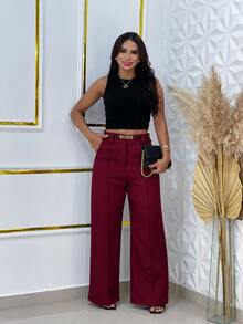 Tailored Wide-Leg Trousers With Leather Belt, Sizes S To XL | Women's Tailored Trousers | Wide-Leg Trousers - 酒紅色 - 查看 2