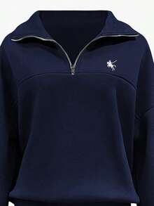 Youth Girl Cartoon Pattern Embroidered Half-Zip Stand Collar Sweatshirt And Pants - Royal Blue - View 4