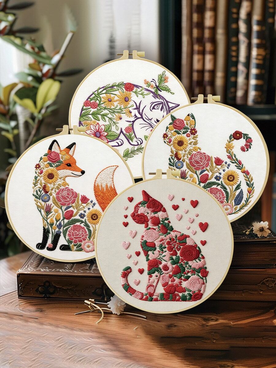 1 pieza 15*15cm/5.9*5.9in-20*20cm/7.9*7.9in, Juego de bordado de animales en arbustos de flores, Juego de bordado hecho a mano DIY para principiantes adultos, Regalo para el hogar, Regalo de costura para mujeres, Incluye manual de usuario, tela impresa, marco de bordado, aguja e hilo.