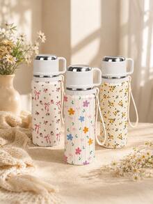 1 Stück 600ml isolierter Becher mit Blumen-Schleife, vakuumisolierter Becher mit Griff und Trageband, Edelstahl-Innenfutter, Kalt- & Heißgetränke Reisebecher, tragbarer Wasserbecher für Frauen, perfektes Urlaubsgeschenk - Weiss - Übersicht 4