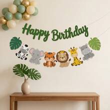 Dschungel Safari Tier Happy Birthday Filz Banner, Tropisches Blatt Zebra Elefant Tiger Löwe Giraffe Nilpferd Hängende Zugflagge, Wildtier Thema Geburtstag Babyparty Wandhintergrund Partydekoration Zubehör, Süßes Geschenk, Wild One Geburtstag Hängedekoration, 2D flach - A - Übersicht 6