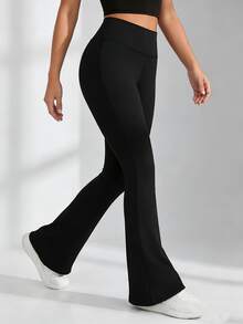 High Waist Black Center Seam Split Flared Sports Pants - Tummy Control, Butt Lift, High Elasticity, Non-Curling - , Versatile, Daily Sports Fall - Black - View 2