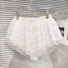 Pantalones cortos de mujer para verano, casuales, de vacaciones, color liso, con encaje, volantes multicapa y cintura con cordón - Blanco - Ver 3