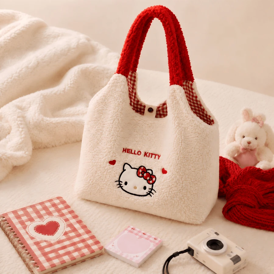 MINISO Sanrio Hello Kitty 毛絨托特包 可愛動漫羊羔絨女款手提包 返校季日常通勤 化妝收納收納袋 好友禮物 - 米色 - 查看 1