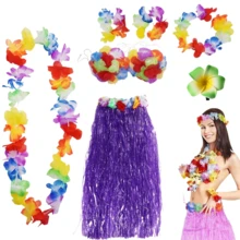 7 Sets Hawaiian Party Costume, Includes Grass Skirt Set, Necklace, Bracelet, Headband, Floral Bra, Perfect For Beach Party Decor And Easter Cheerleading Performance - Multicolor - View 9