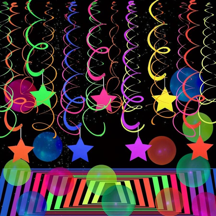20/40pcs Reflective Neon Vortex Decorations - Colorful Hanging Tassels, Five-Pointed Star Fluorescent Spirals, Star Hanging Ornaments, For Ceiling, Birthday Party, Neon Party, Bar, Party Backdrop, Dance Party And Bachelor Party