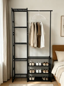 All-In-One Floor Standing Coat Rack With Hanging, Storage And Shoe Rack Functions, Space-Saving; Sturdy Metal Frame Multi-Functional Coat Rack Suitable For Bedroom, Entryway And Doorway - Random Color - View 1