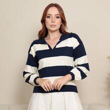 Women's Striped Modal Knit Polo Shirt With Long Sleeves - Navy Blue - View 1