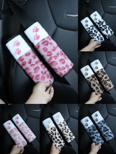 2pcs/1pc New Leopard Print Plush Seat Belt Cover, Car Seat Belt Protector Decorative Sleeve, Comfortable Anti-Chafing Design, Women's Car Interior Accessory