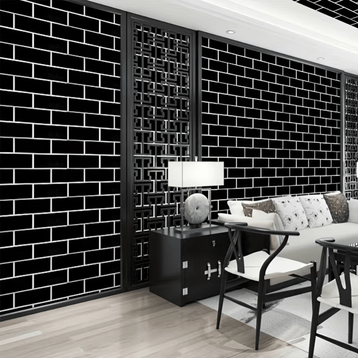 1 Roll Home Decor Wallpaper, Black And White Brick Pattern Self-Adhesive Wallpaper - Removable Sticker, Waterproof, Moisture-Proof, Cuttable, Easy To Install, Multiple Sizes, Suitable For Home Decor, Living Room, Kitchen, Bedroom, Bathroom, Cabinet, Table, Wall, Furniture Renovation - Black Bricks - View 1