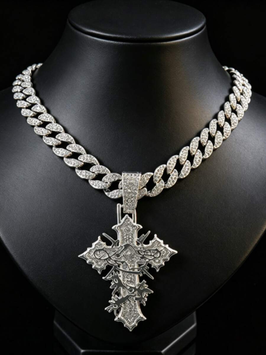 1pc Fully Rhinestoned Woven Cross Pendant, Designed For Men, Hip Hop Style Accessory, Street Fashion