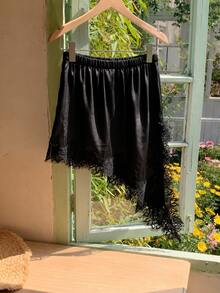 HUACAITA Solid Color Casual Asymmetric/Asymmetrical Pocket Daily Beach Spring/Summer Skirt - Black - View 1