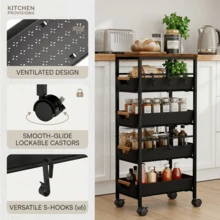 5-Tier Slim Storage Trolley With Wooden Top - Black - View 3