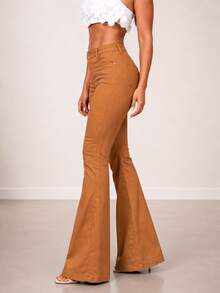 Women's Caramel Khaki Flare Pants With High Waist, Bell Bottom, Flare Style, With Lycra, Butt-Lifting, Comfortable, Versatile, Casual, Elegant, Country Style - 卡其色 - 查看 3