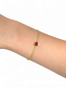 S925 Sterling Silver Gold Plated Red Zirconia Heart Bracelet, Minimalist Thin Chain, Hypoallergenic Skin-Friendly, Women's Light Luxury Commuter Style, Christmas Valentine's Day Gift - Gold - View 2