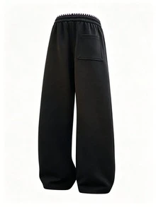 Men's Solid Color Retro Plaid Waistband Casual Long Pants, Street Dark Style Straight Leg Pants - Black - View 4
