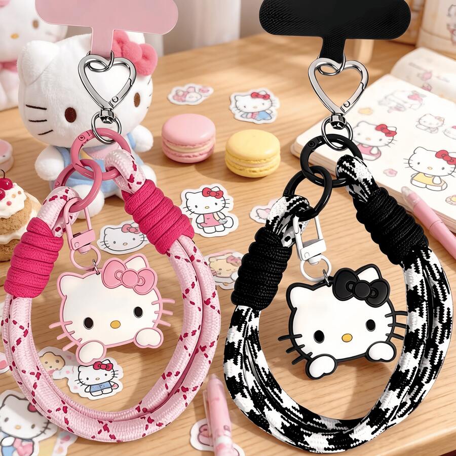 SANRIO Hello Kitty 粉色編織短款手腕手機掛繩附固定片,可愛甜美風,防丟通用手機鍊/鑰匙圈,2款,適合日常使用 - 查看 1