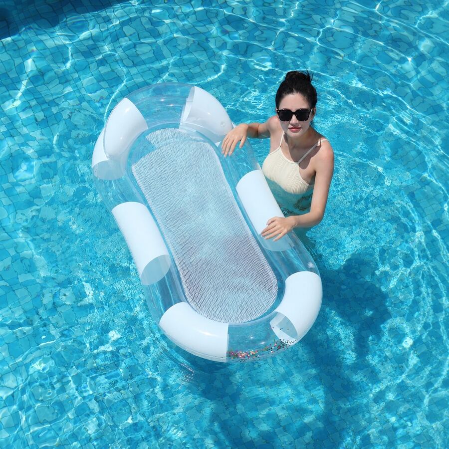 Inflatable Pool Float Mat With Headrest, Pool Lounge Float White Striped Adult Size, Summer Swimming Pool Lake Beach Party Water Hammock Chair Toy - White - View 1