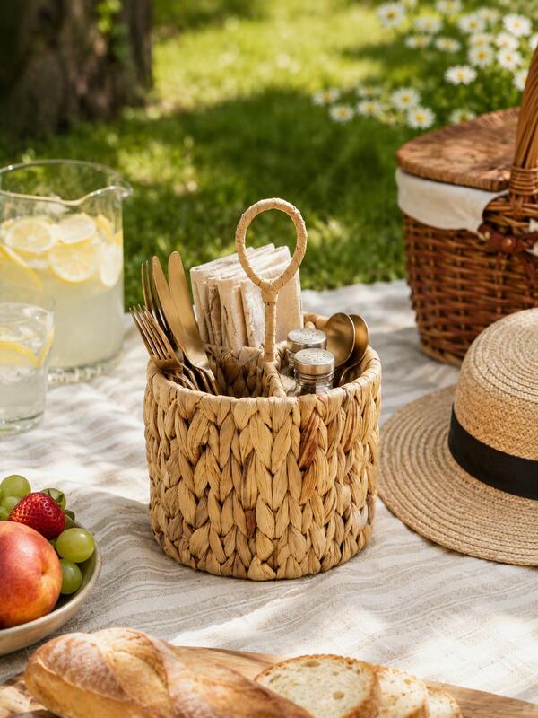 Woven Silverware Caddy With Handle, Natural Water Hyacinth Flatware Holder Organizer With 3 Compartments, Wicker Utensil Basket Cutlery For Kitchen Countertop, Picnic, Party, Hexagon