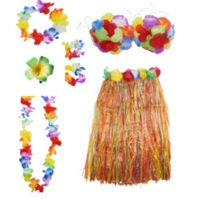 7 Sets Hawaiian Party Costume, Includes Grass Skirt Set, Necklace, Bracelet, Headband, Floral Bra, Perfect For Beach Party Decor And Easter Cheerleading Performance - Multicolor - View 7