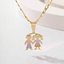 1pc Stylish And Simple Tri-Color Copper Plated Carved 3d Boy & Girl Holding Hands Pendant Necklace, Suitable For Gift Giving, Couples, Friends, Daily Wear And Festivals - Yellow Gold - View 6