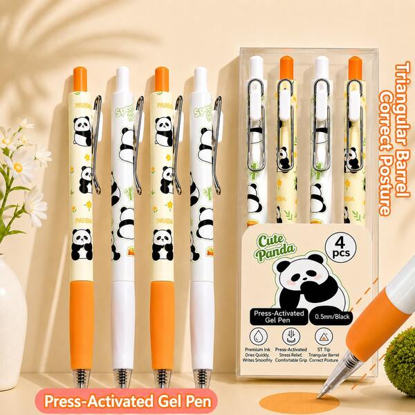 4/8 chiếc bút gel thân kim loại cao cấp đóng hộp, quà tặng năm mới, bút bấm 0.5mm màu đen, bút bấm hình gấu trúc, có thể thay ruột, dụng cụ học tập quay lại trường
