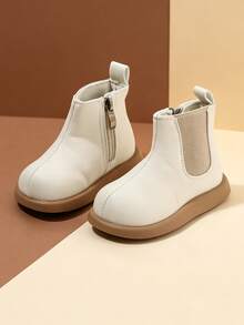Children's Simple Casual Boots/Leather Boots/Ankle Boots - New Autumn/Winter Boots Suitable For Both Boys And Girls, Warm And Non-Slip, Side Zipper, White Exquisite Soft Leather Upper, Lightweight Sole, Fashionable Everyday And School Toddler Boots - Beige - View 1