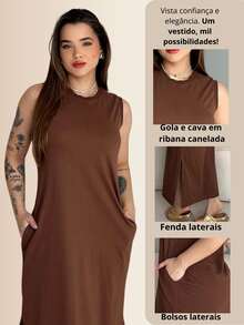 Vestido Longo Casual Básico Cavado Fenda Lateral Com Bolso Soltinho Leve Confortável Dia a Dia - Marrom Escuro - Visão 7
