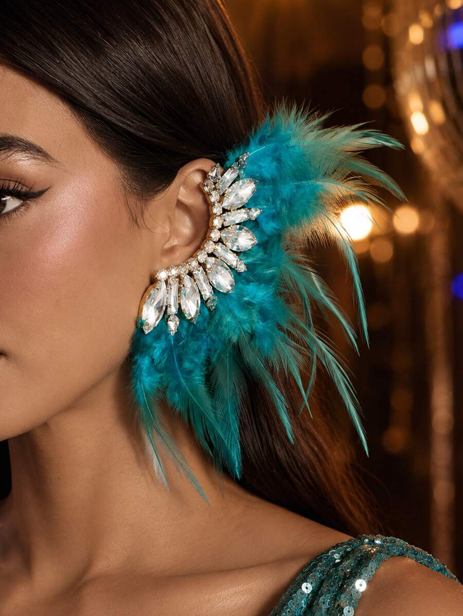 1pc Fashionable Blue-Green Feather Earrings, Personalized Rhinestone Earrings For Women, Suitable For Parties And Galas - Silver - View 1