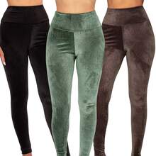Set Of 3 Corduroy Plush Leggings, Comfortable, Thick Fabric, For Winter - 黑色/綠色/棕色 - 查看 1