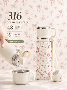 1 Stück 600ml isolierter Becher mit Blumen-Schleife, vakuumisolierter Becher mit Griff und Trageband, Edelstahl-Innenfutter, Kalt- & Heißgetränke Reisebecher, tragbarer Wasserbecher für Frauen, perfektes Urlaubsgeschenk - Weiss - Übersicht 6