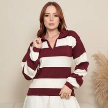 Women's Striped Modal Knit Polo Shirt With Long Sleeves - Redwood - View 1