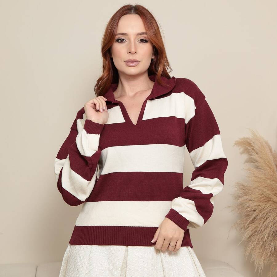 Women's Striped Modal Knit Polo Shirt With Long Sleeves - Redwood - View 1